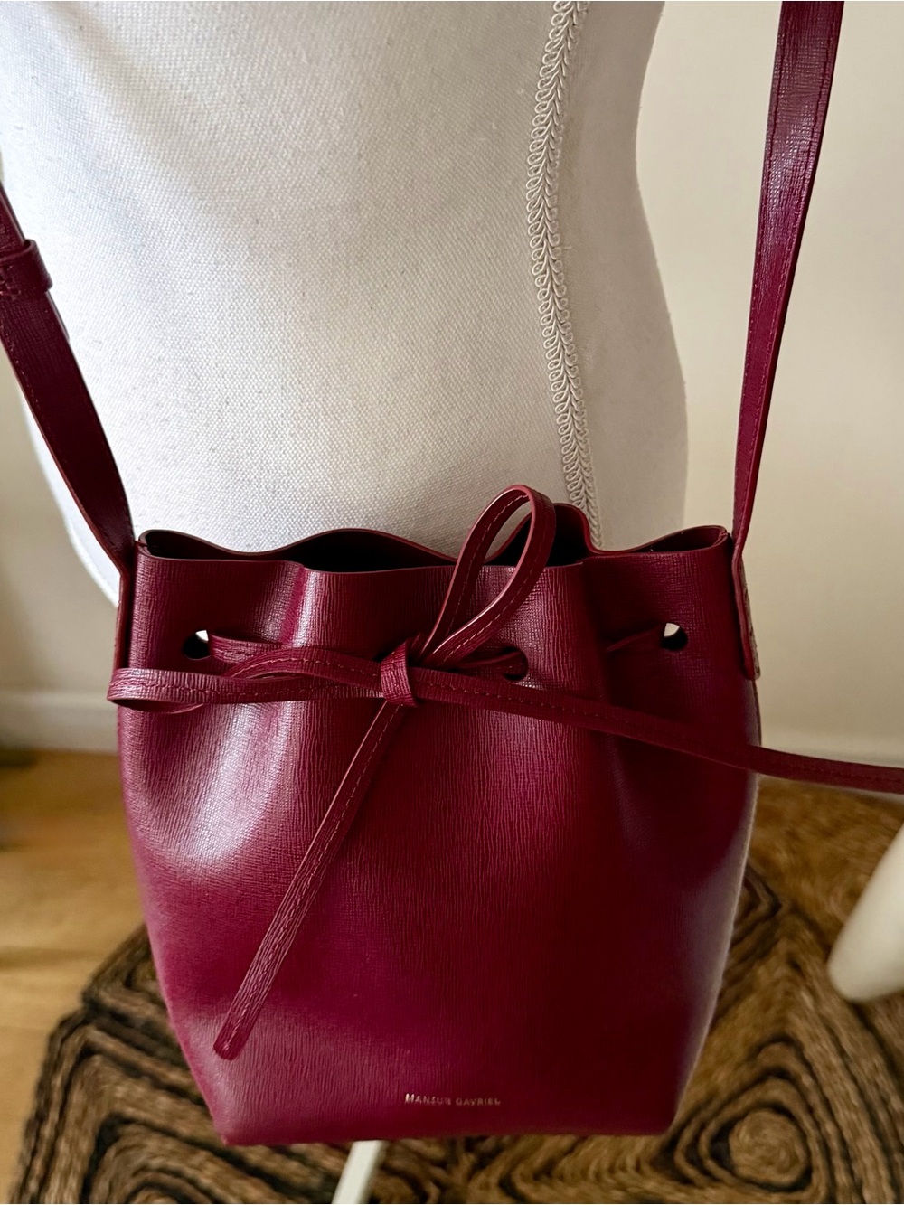 Mansur Gavriel Claret Red Textured Leather Mini Crossbody Bucket Bag - Picture 11 of 15